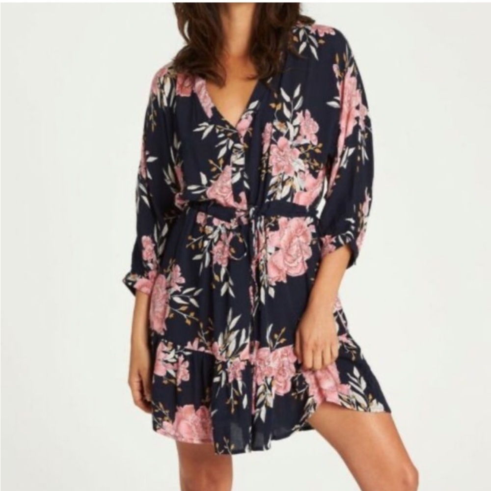 Billabong Floral 3/4 Sleeve Coastal Navy and Pink Mini Dress sz M